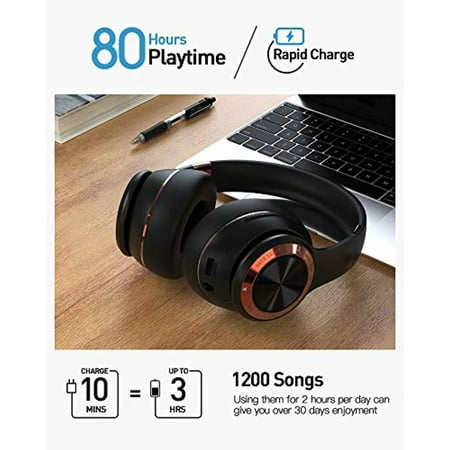 Backup Wired Mode Picun Wireless Headphones Bluetooth Over Ear Headset Quick Charge Black for Music Foldable Travel 80Hrs Playtime Built-in Mic Work